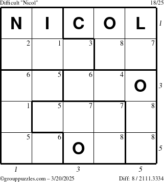 The grouppuzzles.com Difficult Nicol puzzle for Thursday March 20, 2025 with all 8 steps marked