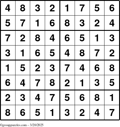 The grouppuzzles.com Answer grid for the Sudoku-8 puzzle for Thursday March 20, 2025