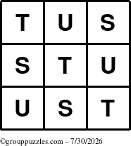 The grouppuzzles.com Answer grid for the TicTac-STU puzzle for Thursday July 30, 2026