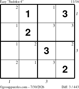 The grouppuzzles.com Easy Sudoku-4 puzzle for Thursday July 30, 2026, suitable for printing, with all 3 steps marked