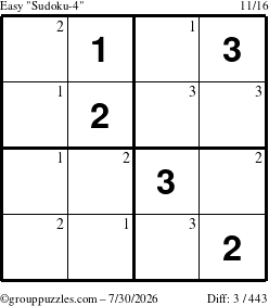 The grouppuzzles.com Easy Sudoku-4 puzzle for Thursday July 30, 2026 with the first 3 steps marked