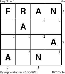 The grouppuzzles.com Easy Fran puzzle for Thursday July 30, 2026, suitable for printing, with all 2 steps marked