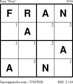 The grouppuzzles.com Easy Fran puzzle for Thursday July 30, 2026 with the first 2 steps marked