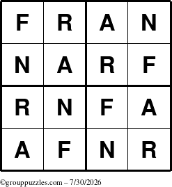 The grouppuzzles.com Answer grid for the Fran puzzle for Thursday July 30, 2026