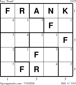 The grouppuzzles.com Easy Frank puzzle for Thursday July 30, 2026 with all 4 steps marked