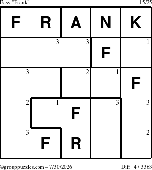 The grouppuzzles.com Easy Frank puzzle for Thursday July 30, 2026 with the first 3 steps marked