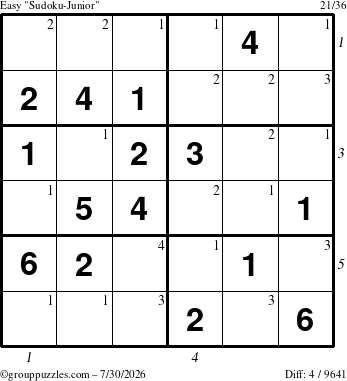 The grouppuzzles.com Easy Sudoku-Junior puzzle for Thursday July 30, 2026, suitable for printing, with all 4 steps marked