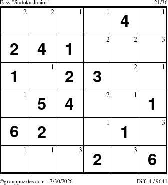 The grouppuzzles.com Easy Sudoku-Junior puzzle for Thursday July 30, 2026 with the first 3 steps marked