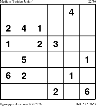 The grouppuzzles.com Medium Sudoku-Junior puzzle for Thursday July 30, 2026