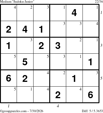 The grouppuzzles.com Medium Sudoku-Junior puzzle for Thursday July 30, 2026, suitable for printing, with all 5 steps marked