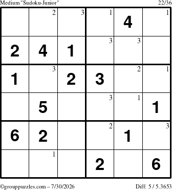 The grouppuzzles.com Medium Sudoku-Junior puzzle for Thursday July 30, 2026 with the first 3 steps marked