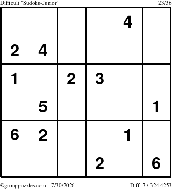The grouppuzzles.com Difficult Sudoku-Junior puzzle for Thursday July 30, 2026