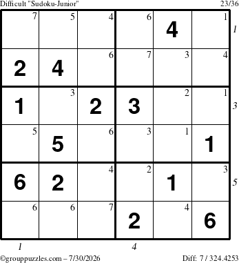 The grouppuzzles.com Difficult Sudoku-Junior puzzle for Thursday July 30, 2026 with all 7 steps marked