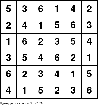 The grouppuzzles.com Answer grid for the Sudoku-Junior puzzle for Thursday July 30, 2026