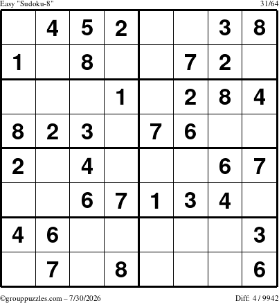 The grouppuzzles.com Easy Sudoku-8 puzzle for Thursday July 30, 2026
