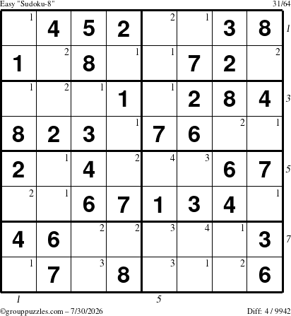 The grouppuzzles.com Easy Sudoku-8 puzzle for Thursday July 30, 2026 with all 4 steps marked