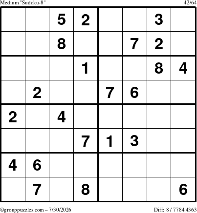 The grouppuzzles.com Medium Sudoku-8 puzzle for Thursday July 30, 2026