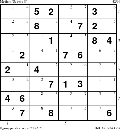 The grouppuzzles.com Medium Sudoku-8 puzzle for Thursday July 30, 2026, suitable for printing, with all 8 steps marked