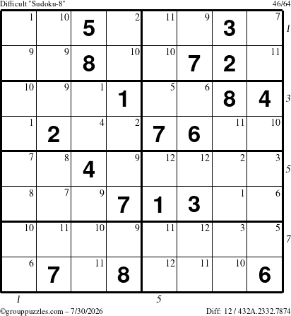 The grouppuzzles.com Difficult Sudoku-8 puzzle for Thursday July 30, 2026, suitable for printing, with all 12 steps marked