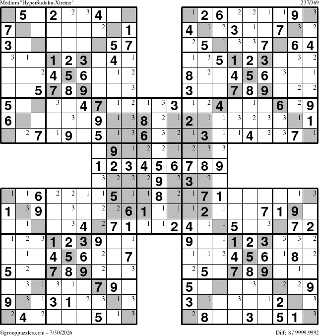 The grouppuzzles.com Medium cover-HyperXtreme puzzle for Thursday July 30, 2026 with the first 3 steps marked