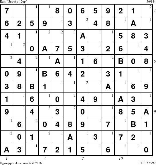 The grouppuzzles.com Easy Sudoku-12up puzzle for Thursday July 30, 2026, suitable for printing, with all 3 steps marked
