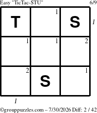 The grouppuzzles.com Easy TicTac-STU puzzle for Thursday July 30, 2026, suitable for printing, with all 2 steps marked