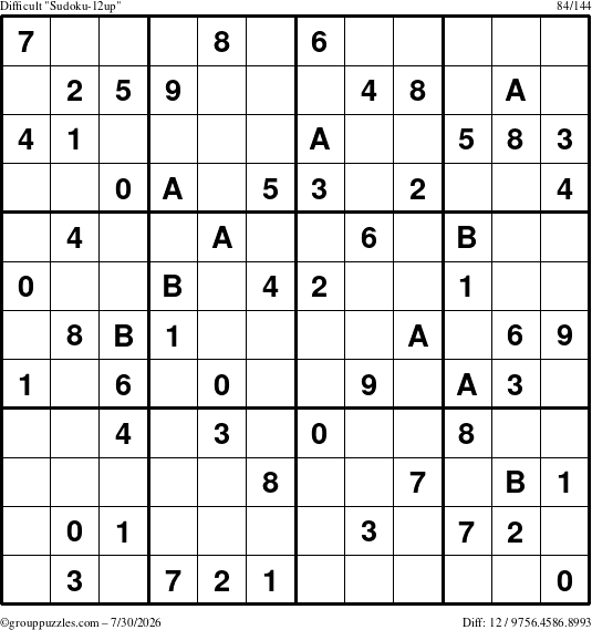 The grouppuzzles.com Difficult Sudoku-12up puzzle for Thursday July 30, 2026
