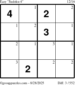 The grouppuzzles.com Easy Sudoku-4 puzzle for Thursday August 28, 2025 with the first 3 steps marked