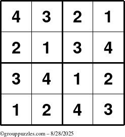 The grouppuzzles.com Answer grid for the Sudoku-4 puzzle for Thursday August 28, 2025