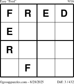 The grouppuzzles.com Easy Fred puzzle for Thursday August 28, 2025