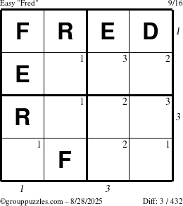The grouppuzzles.com Easy Fred puzzle for Thursday August 28, 2025 with all 3 steps marked