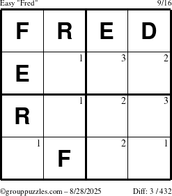 The grouppuzzles.com Easy Fred puzzle for Thursday August 28, 2025 with the first 3 steps marked