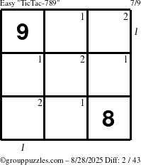 The grouppuzzles.com Easy TicTac-789 puzzle for Thursday August 28, 2025 with all 2 steps marked