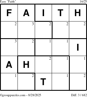 The grouppuzzles.com Easy Faith puzzle for Thursday August 28, 2025 with the first 3 steps marked