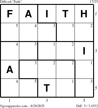 The grouppuzzles.com Difficult Faith puzzle for Thursday August 28, 2025 with all 5 steps marked