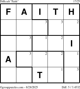 The grouppuzzles.com Difficult Faith puzzle for Thursday August 28, 2025 with the first 3 steps marked