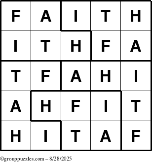 The grouppuzzles.com Answer grid for the Faith puzzle for Thursday August 28, 2025
