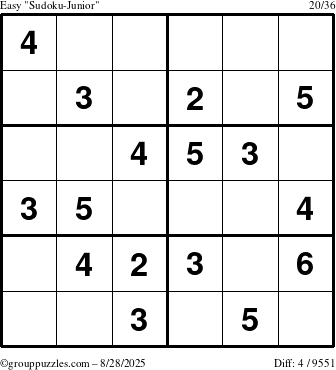 The grouppuzzles.com Easy Sudoku-Junior puzzle for Thursday August 28, 2025