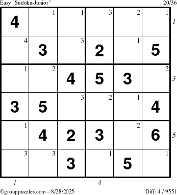The grouppuzzles.com Easy Sudoku-Junior puzzle for Thursday August 28, 2025 with all 4 steps marked