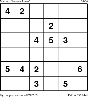 The grouppuzzles.com Medium Sudoku-Junior puzzle for Thursday August 28, 2025