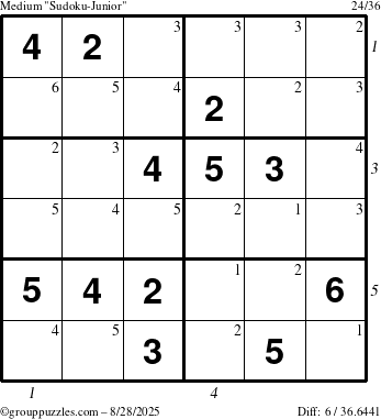 The grouppuzzles.com Medium Sudoku-Junior puzzle for Thursday August 28, 2025 with all 6 steps marked
