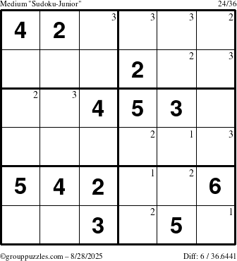 The grouppuzzles.com Medium Sudoku-Junior puzzle for Thursday August 28, 2025 with the first 3 steps marked
