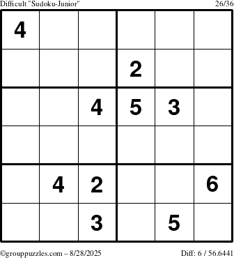 The grouppuzzles.com Difficult Sudoku-Junior puzzle for Thursday August 28, 2025