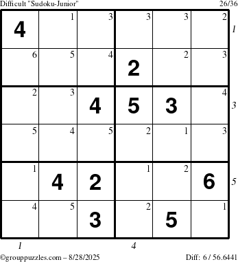 The grouppuzzles.com Difficult Sudoku-Junior puzzle for Thursday August 28, 2025 with all 6 steps marked