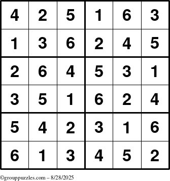 The grouppuzzles.com Answer grid for the Sudoku-Junior puzzle for Thursday August 28, 2025