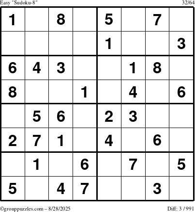 The grouppuzzles.com Easy Sudoku-8 puzzle for Thursday August 28, 2025