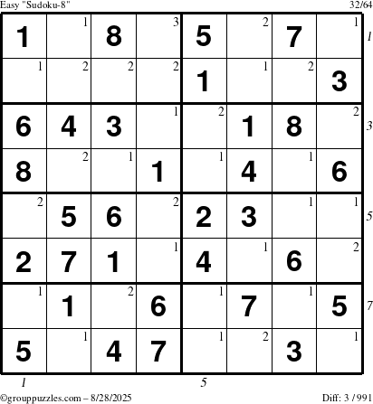 The grouppuzzles.com Easy Sudoku-8 puzzle for Thursday August 28, 2025, suitable for printing, with all 3 steps marked