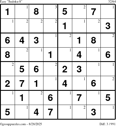 The grouppuzzles.com Easy Sudoku-8 puzzle for Thursday August 28, 2025 with the first 3 steps marked
