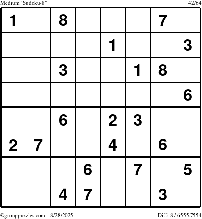 The grouppuzzles.com Medium Sudoku-8 puzzle for Thursday August 28, 2025