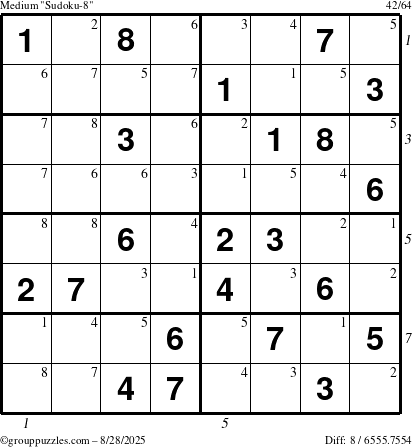 The grouppuzzles.com Medium Sudoku-8 puzzle for Thursday August 28, 2025 with all 8 steps marked